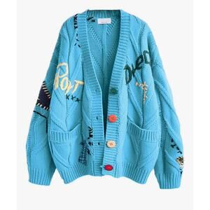 Ebossy blue embroidered patchwork cardigan sweater dream sport graphic M